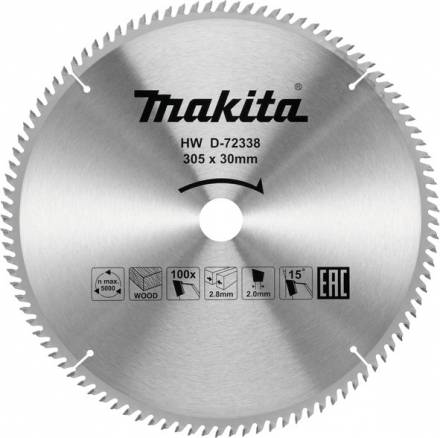 Диск пильный для дерева Makita, 305x30х2, 100 зубьев (D-72338)