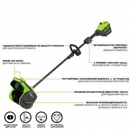 Аккумуляторная снегоуборочная лопата Greenworks GD60SS2 Арт. 2603207UG, 60V, 30 см, с регулируемым направлением выброса, бесщеточный, c 1хАКБ 5Ач и ЗУ