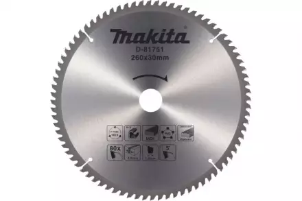 Диск пильный универсальный для алюминия/дерева/пластика 260x30 мм, 80T Makita D-81751