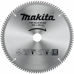 Диск пильный для дерева Makita, 260x30х1,8 100 зубьев (D-65408)