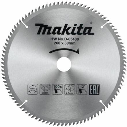Диск пильный для дерева Makita, 260x30х1,8 100 зубьев (D-65408)