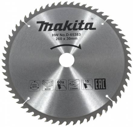 Диск пильный для дерева Makita, 260x30х1,8 60 зубьев (D-65383)